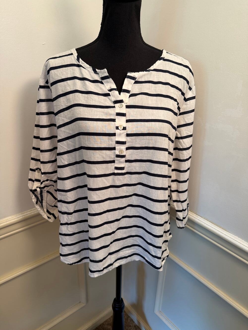Hester & Orchard Striped Linen Blend Henley Top Naitical Coastal Minimalist